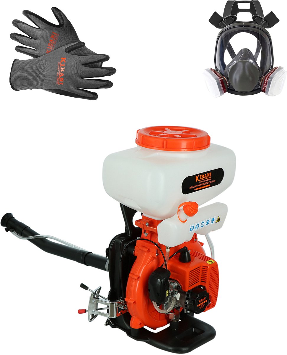 Kibani Motor Rugspuit / Vernevelaar - Incl. Kibani Beschermingsmasker en Werkhandschoenen - 41.5 cc / 2.9 PK 2-takt Benzine Motor - 7500 Toeren/Minuut - Onkruidverwijderaar - Onkruidspuit - onkruidbestrijding - plantenspuit - plantensproeier