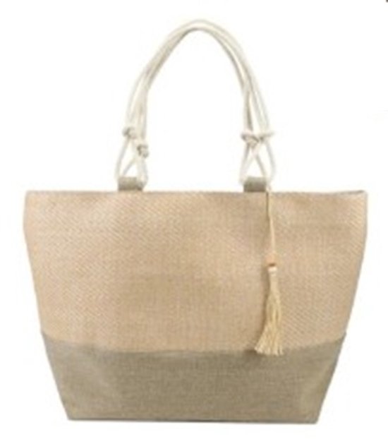 Grand sac de plage XL en jute avec motif beige et naturel, anses en corde et un pompon.