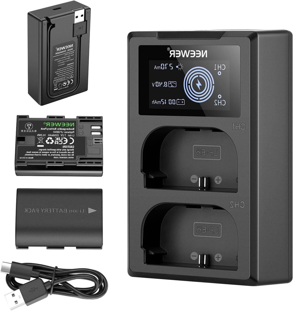 Oplaadstation voor LP-E6NH Vervangende Batterij voor Canon Camera's - Dual USB Charger met LCD Scherm en USB-C Kabel, Geschikt voor EOS R7, R5, R6, 5D III IV, 6D II, 7D II, 70D, 80D, 90D