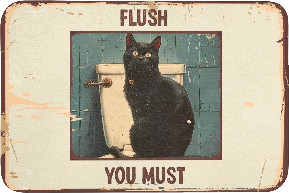 WC mat 90x60 cm - Antislip - Kat - Vintage - Zwart - Quote - Flush you must - Toiletmat -