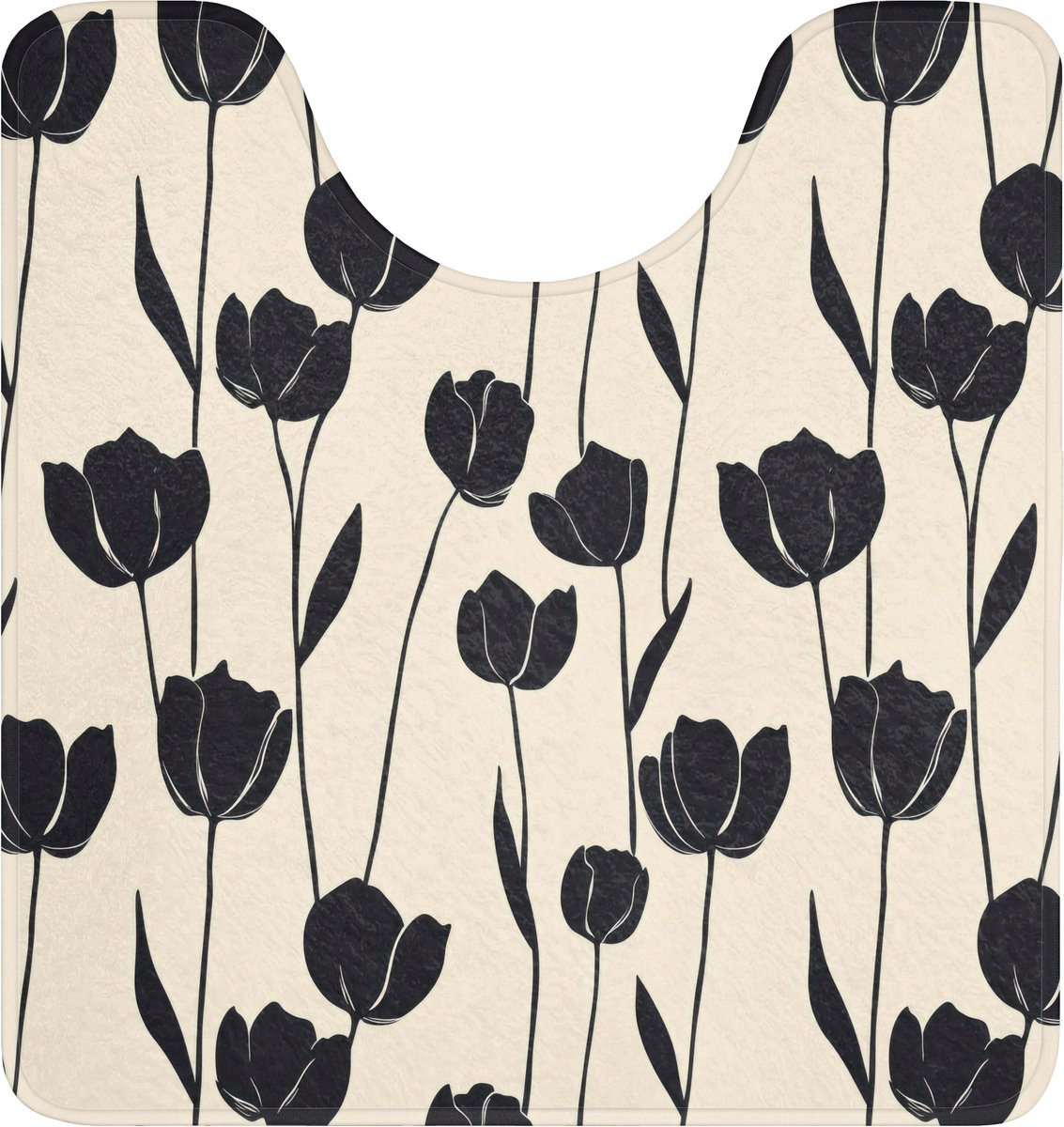 WC mat met uitsparing 55x60 cm - Antislip - Tulpen - Patroon - Zwart - Toiletmat met uitsn