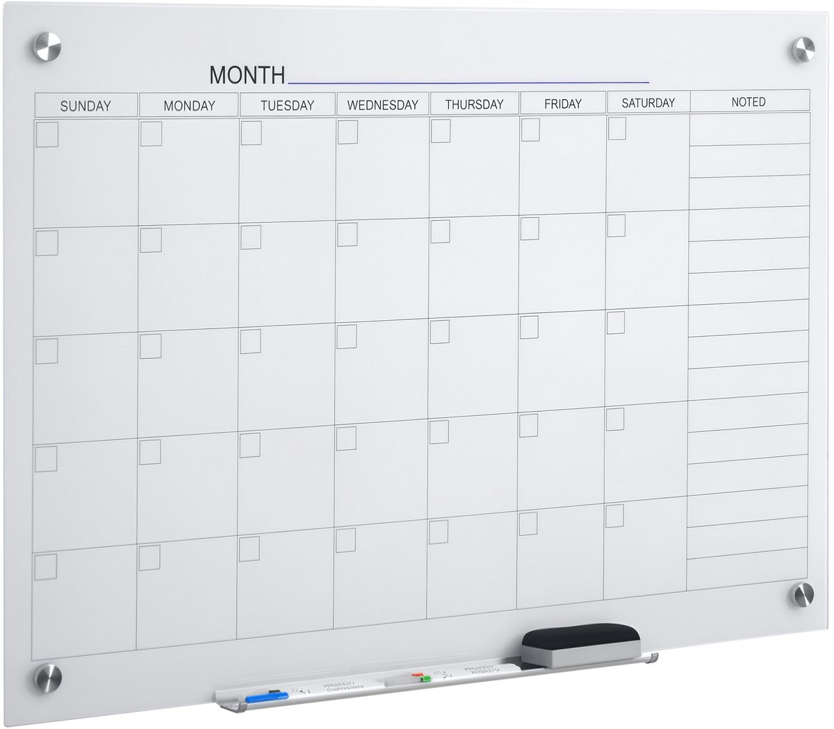 Vinsetto Kalenderbord glasplaat met 4 glasclips magneetbord planbord planning wit 911-014