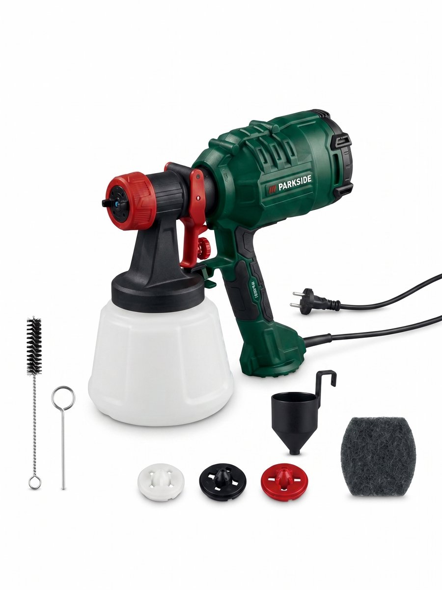 PARKSIDE® Verfspuitsysteem - Breng gelijkmatig verf aan op gladde en oneffen oppervlakken - Debiet: max. 800 ml/min - Reservoir: 900 ml - Vermogen: 400 W - Inclusief 2 mondstukken, viscositeitsmaatbeker, reinigingsborstel, reinigingsnaald en filter