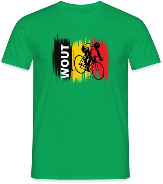 Groen T-shirt met 'Wout' en fietsende renner op Belgische vlag