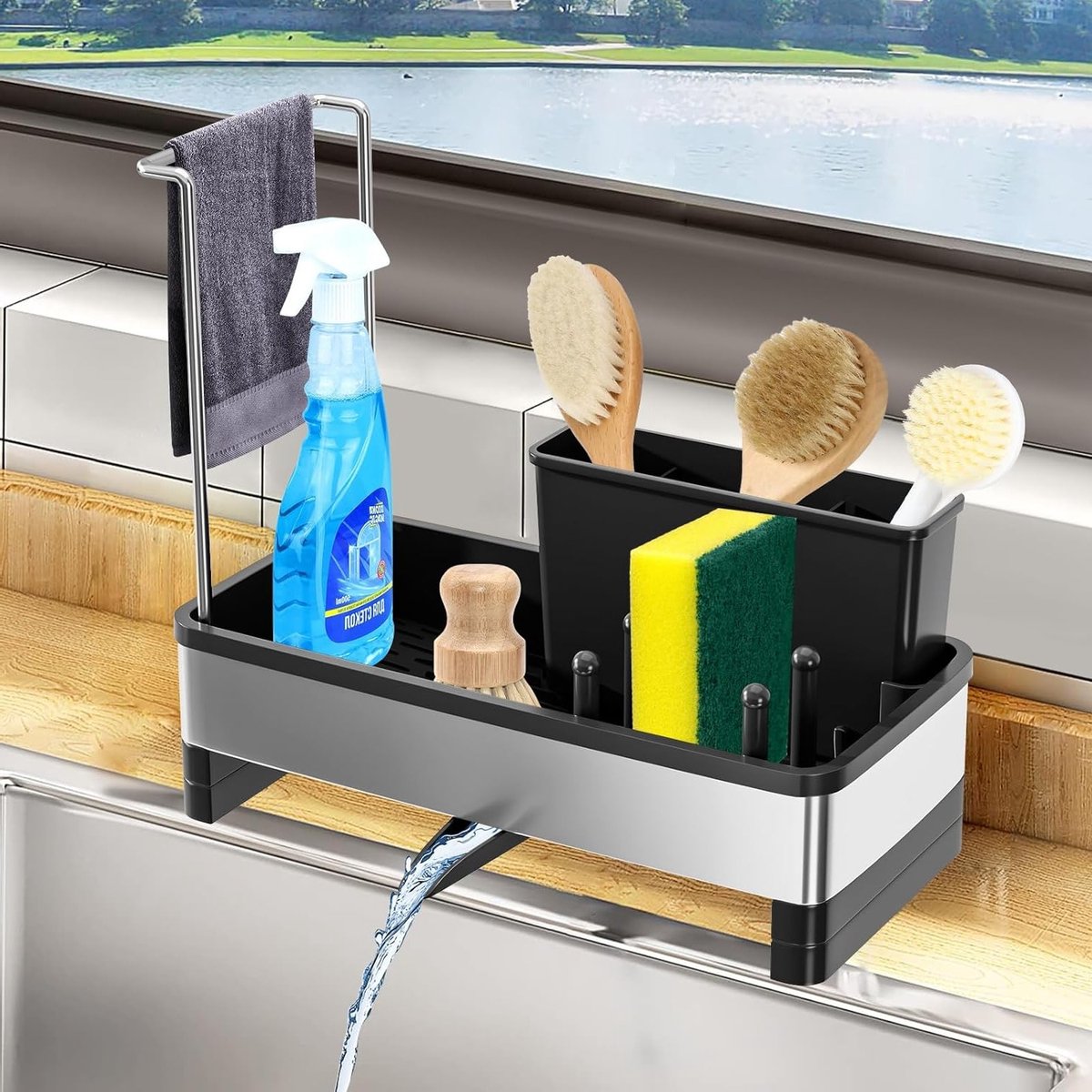 Keuken Organizer voor Aanrecht - Multifunctionele Afwasrek met Sponshouder en Keukenhanddoek Hanger voor Efficiënte Opslag en Organisatie