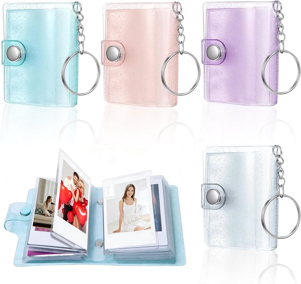Set van 4 Mini Fotoalbums met Sleutelhangers, 5 cm, 18 Compartimenten, Perfect voor Herinneringen en Cadeaus, Compact en Kleurrijk