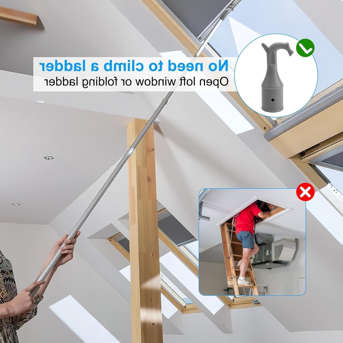 2 Stuks Attic Hooks voor Vloer en Trap, Raamopener Accessoires met Antislip Basis en Grijze Stang voor Gemakkelijk Gebruik