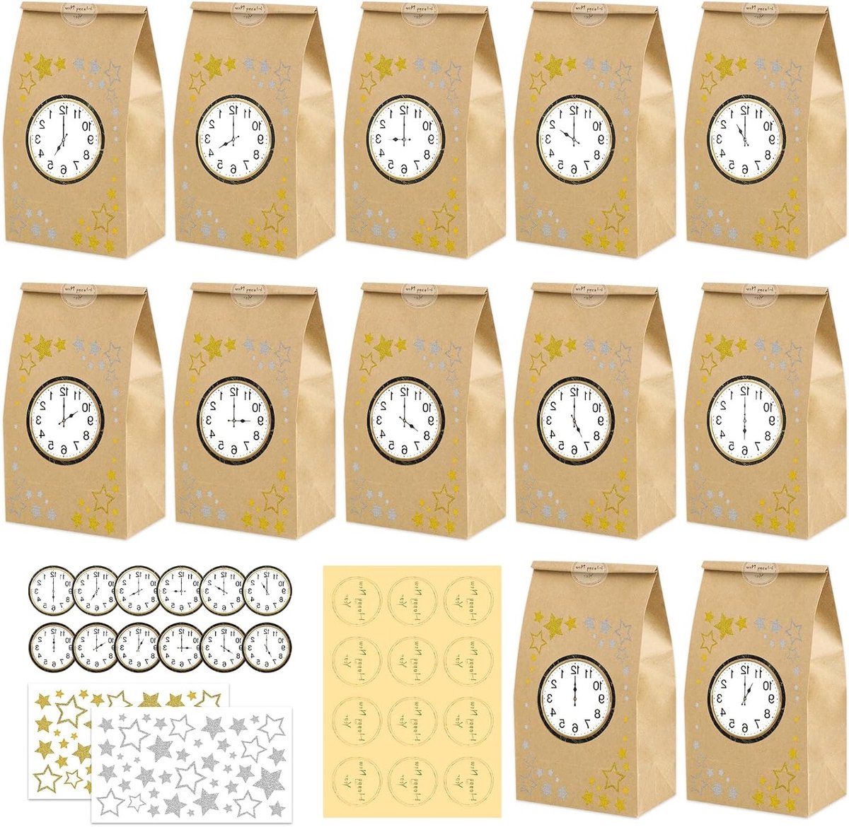 Kraftpapier cadeauzakjes voor oudejaarsavond, 12 stuks met zegelsticker en sterstickers, creatieve feestaccessoires voor een gelukkige nieuwjaar viering