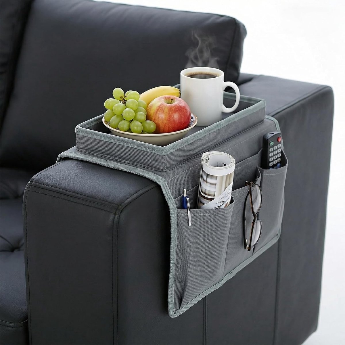 Sofa Kussen Organizer met 5 Compartimenten, Antislip Opbergzak voor Afstandsbediening, Mobiele Telefoon, Boeken en Snacks in Grijs