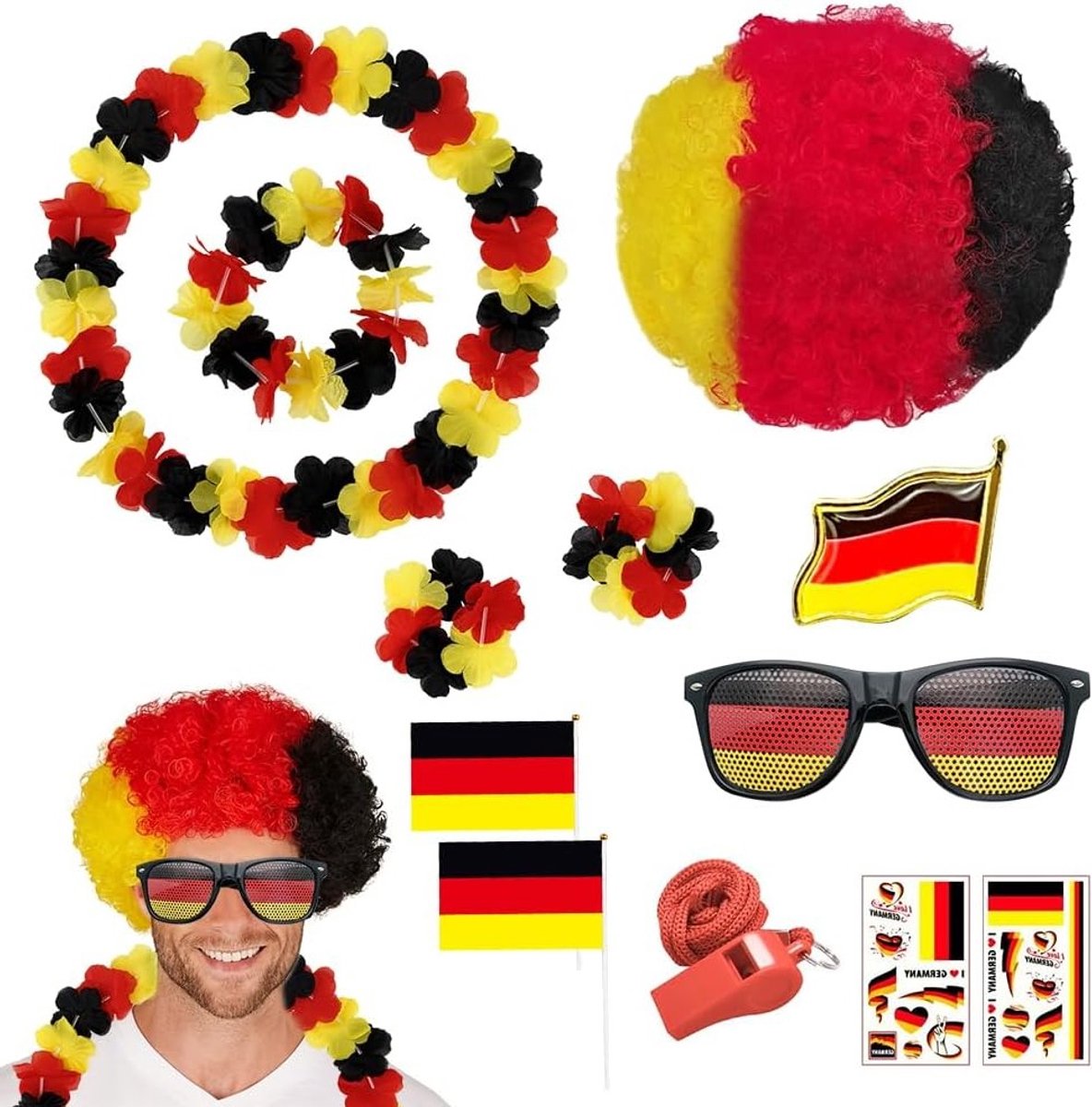 Voetbal fanartikelset voor WK 2026, 12-delig pakket met pruik, bril, slingers en vlaggen voor feesten en evenementen