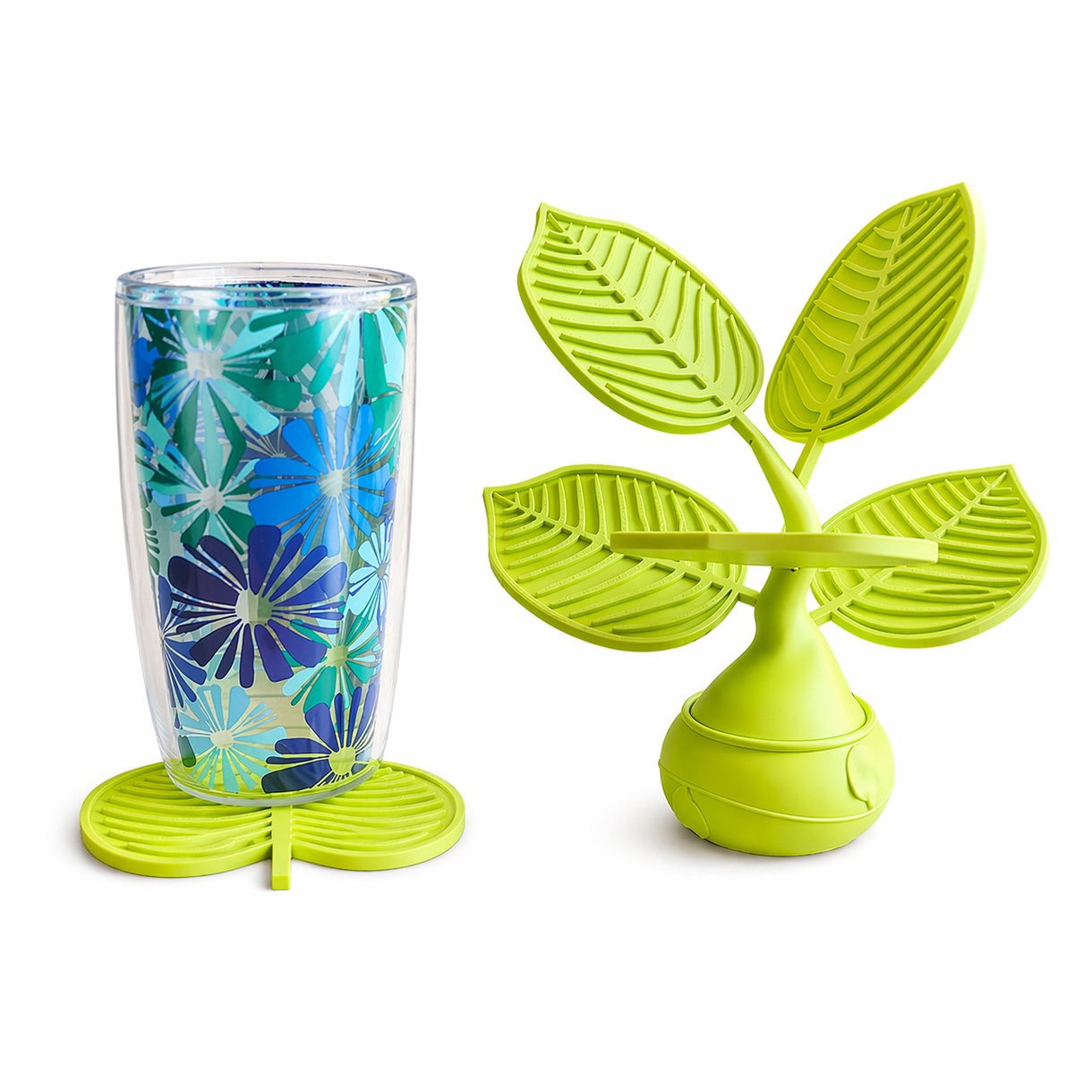 Leaf Onderzetter Set Design Plant - Design Onderzetters Met Plantenhouder - 5 Stuks - Decoratieve Coasters Voor Glazen En Mokken - Wateropvang En Hergebruik Voor Planten - Set Met Bladvormen En Pot Houder - 90mm Diameter - Groen