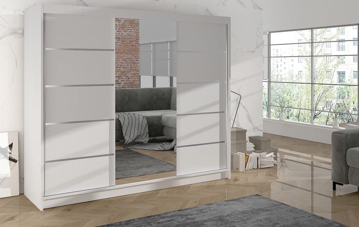 Kledingkast met schuifdeuren en spiegel 200x58x215 cm met 9 legplanken en kledingstang, extra ruime garderobekast moderne slaapkamerkast zwart – Vermissen