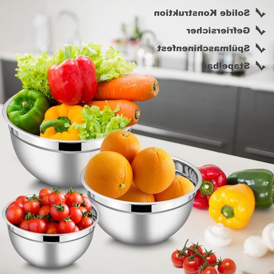 Mixkommen Set van RVS, 3 Stuks met Luchtdichte Deksel + 5 Bakaccessoires, Ideaal voor Koken, Bakken en Opslaan, Stapelbaar, 1.2L/2.7L/4.5L, Zwart, 8 Stuks van Merkloos — afbeelding 3