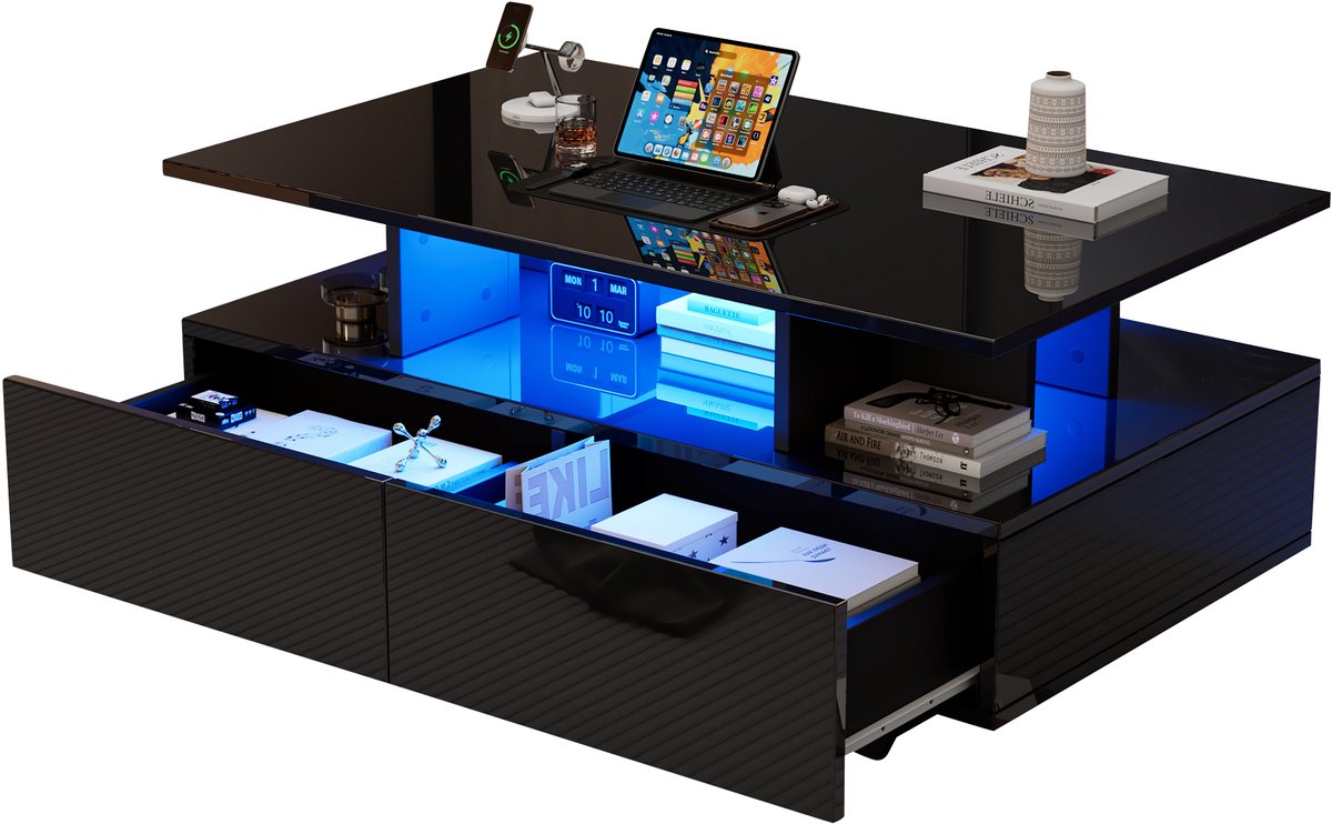 YYchan Salontafel - Moderne Koffietafel met 2 Lades - Hoogglans met LED Verlichting - Luxe Design - 90x55x41 cm - Zwart