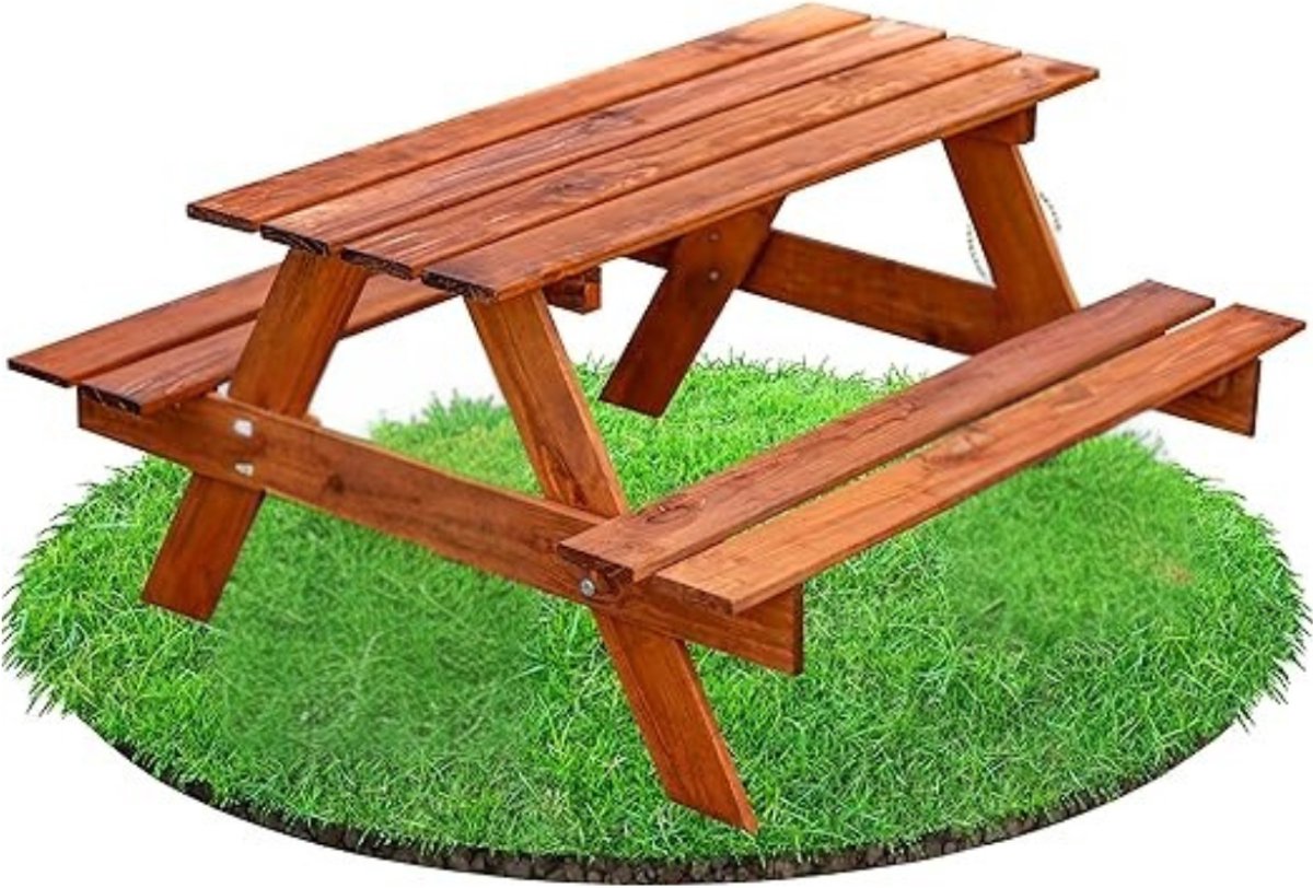 Verte Kinder Picknicktafel - Houten Picknicktafelset voor Kinderen – 2 Bankjes – Bruin – Zitgroep voor Binnen en Buiten