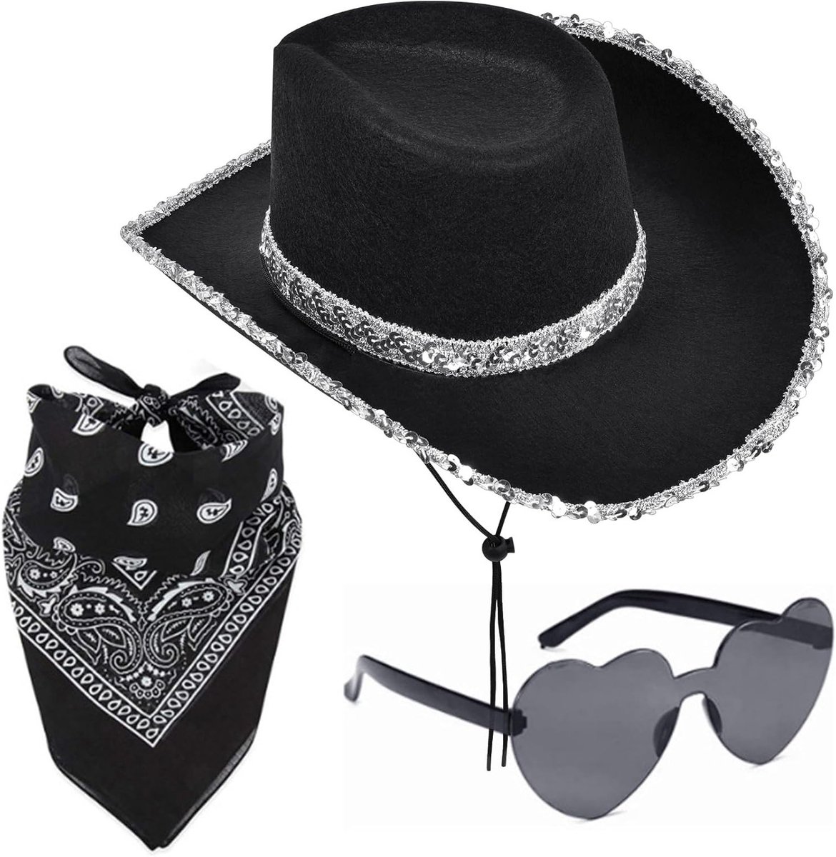 3-delig Cowboy Hoed Kostuum Accessoire Set met Zwarte Hoed, Paisley Bandana en Zonnebril voor Verjaardag, Halloween en Feestjes