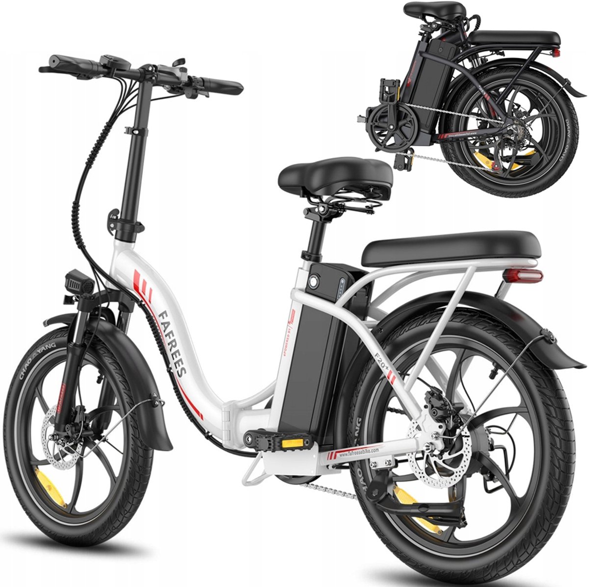 Fafrees F20+ Opvouwbare E-Bike Wit, 25km/h Max Snelheid, 20Ah Accu & 250W Motor, 90km Actieradius, 7 Versnellingen Shimano, 20x3.0 Robuuste Banden, 160mm Schijfremmen, Voorvering, LED Koplamp/Achterlicht