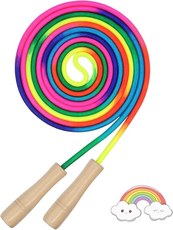 Lang Springtouw - 5 Meter - Voor Meerdere Personen (3-4) - Regenboog Kleuren - Zacht Katoen met Houten Handvatten - Groepsspringtouw voor Kinderen & Volwassenen - Buitenspeelgoed