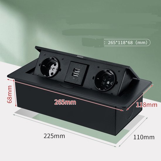 Zwarte bureaubladconnector met afmetingen: 265mm x 118mm x 68mm, met twee stopcontacten en USB-poorten.
