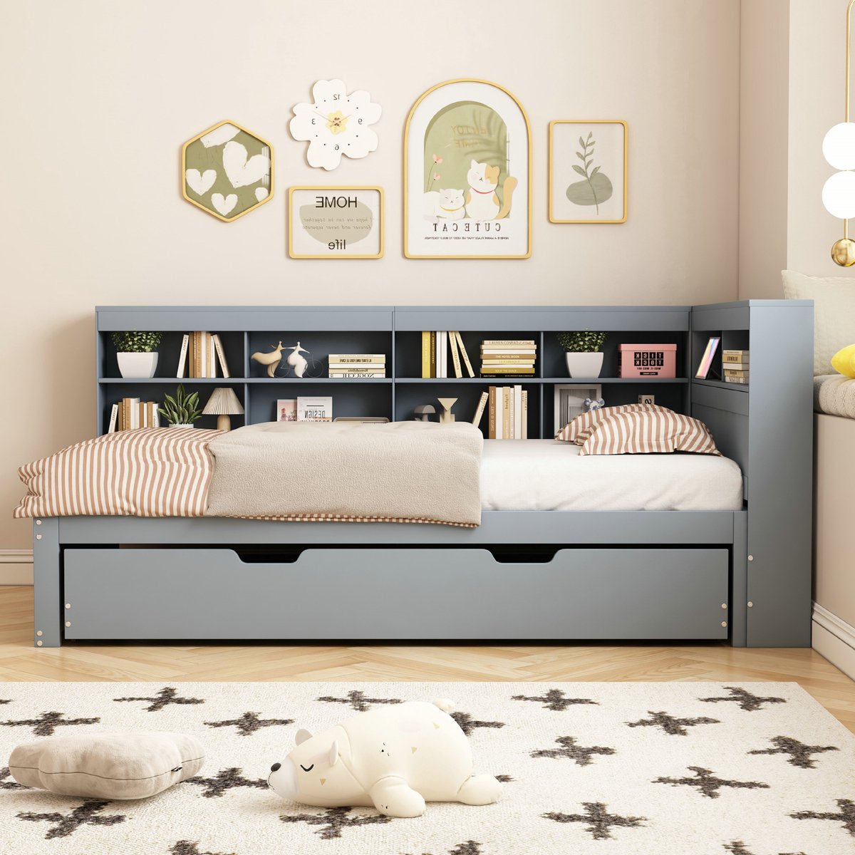 VVBV Slaapbank 1 Persoons 90x200 – Bed 90x200 – met Uitschuifbed, Opbergvakken, USB en Stopcontact – Massief Hout – Grijs – Multifunctioneel