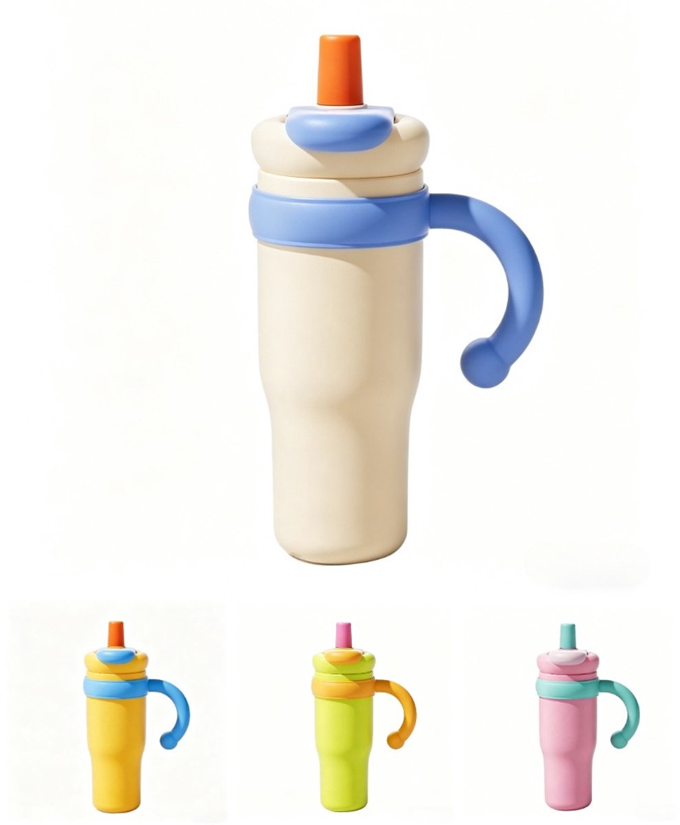 1000ml RVS Drinkfles & Thermosfles voor Dames - met Rietje en Handvat - 100% Lekvrij - Dubbelwandig Geïsoleerd - Trendy Dopamine Design - Travel Mug voor Warm & Koud - Isoleerbeker met 3 Drinkopties - Grote Waterfles To Go - BPA Vrij - Beige