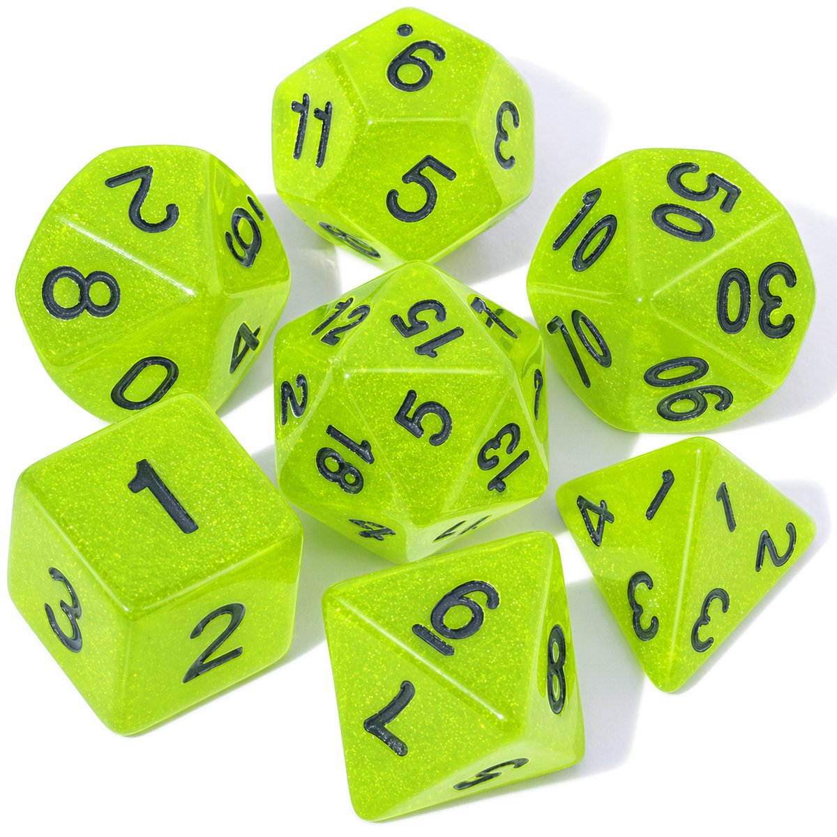 Dobbelstenen Set 7-delig – Transparant Groen Glitters D20 D12 D10 D8 D6 D4 – Voor RPG & Tafelspellen