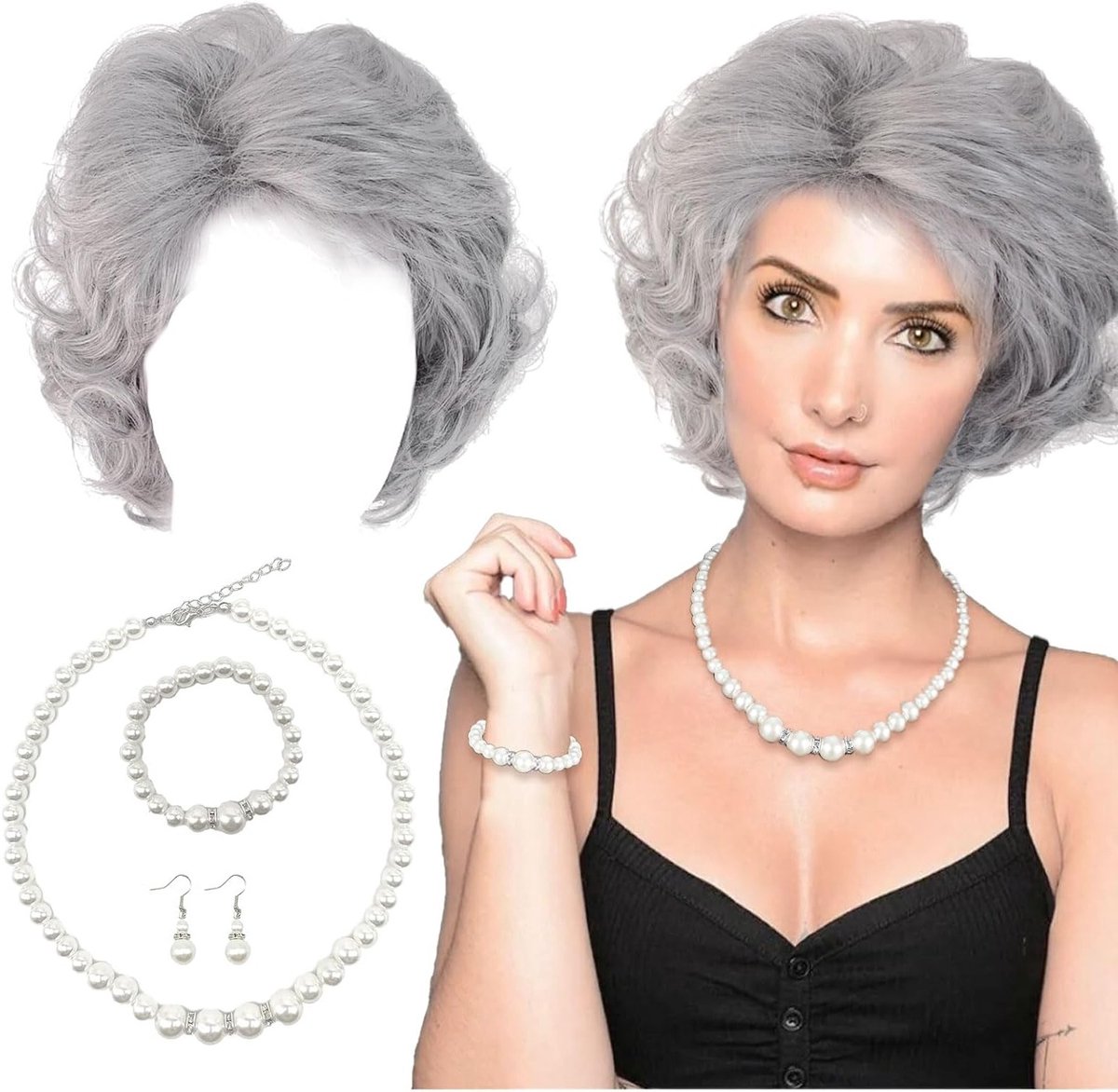 Grijze Granny Perukenset met Parelsieraad, Armband en Oorbellen voor Halloween en Feestdagen