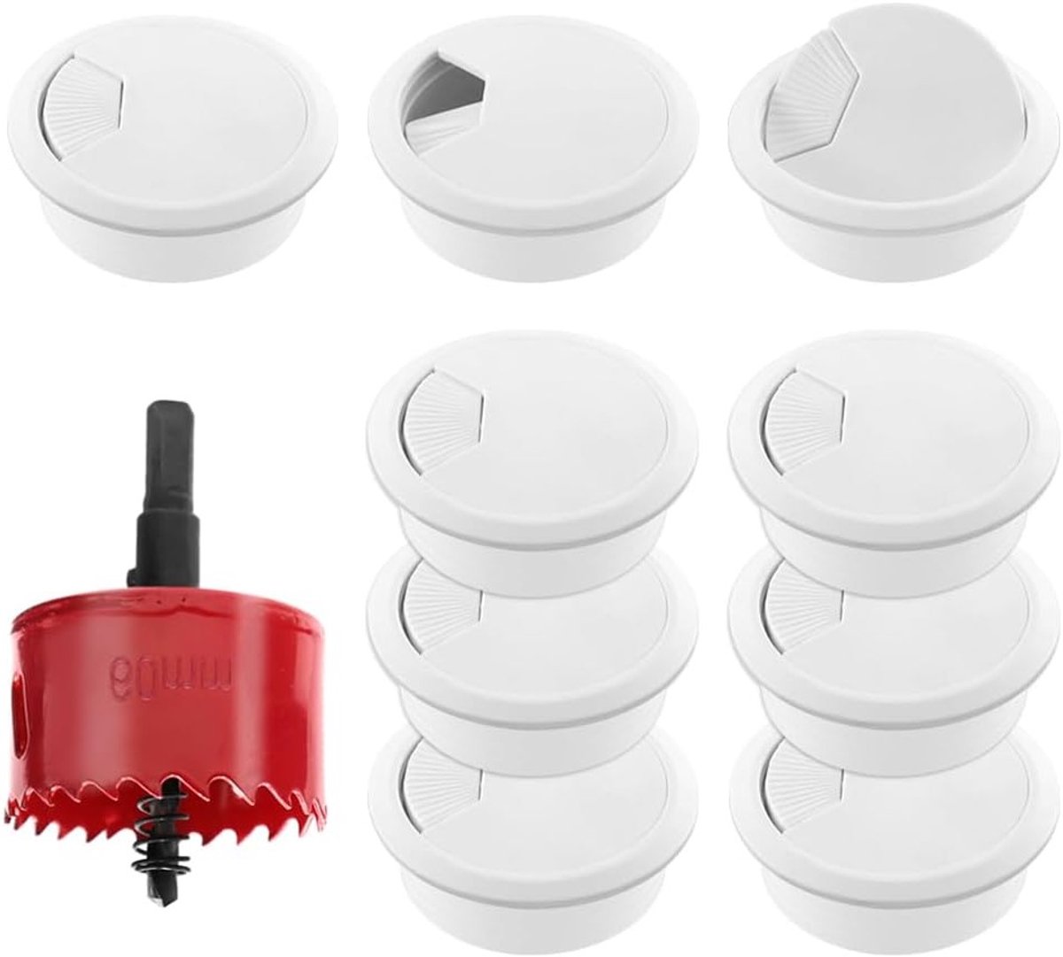 Desk kabelorganiser set van 9 stuks met 60 mm gatzaag, ronde kabeldoorvoer, wit voor een opgeruimd bureau en efficiënt kabelbeheer