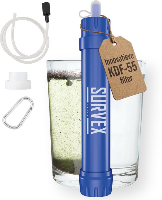 SURVEX Personal Water Filter Straw XL 4000L – Uniek KDF-55 filter – Waterfilter Survival & Outdoor – BPA-vrij – Noodpakket voor Thuis – Complete Set Waterzuiveringsapparaat – Drinkfles Waterzuivering Outdoor – Overlevingspakket – Blauw