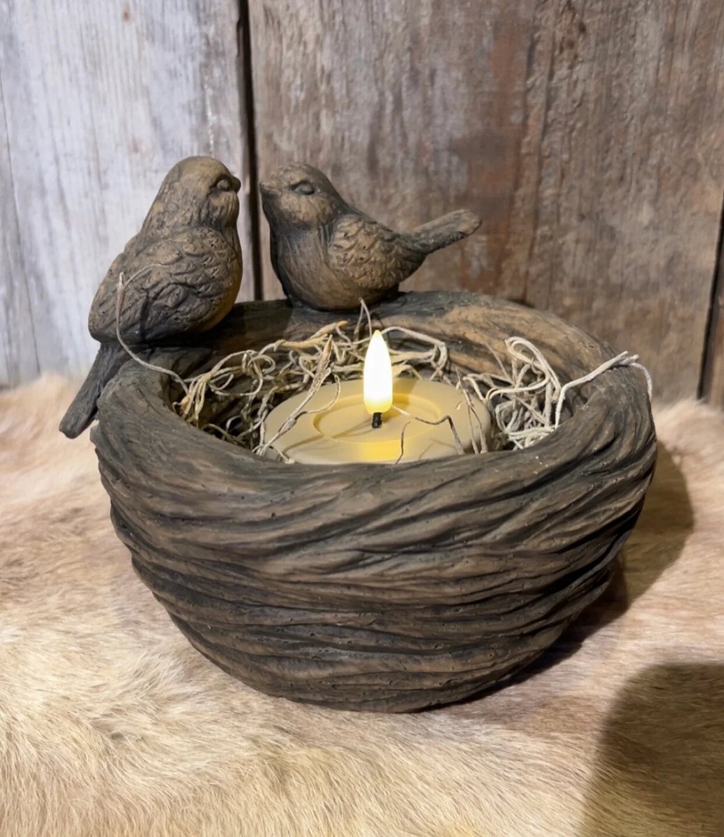 Brynxz - Vogels -Voerbakje - Twee vogels op het nest - Majestic Brown – Ø16 x H14 cm