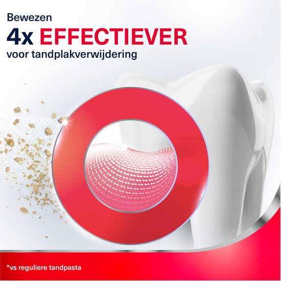 Illustratie van een grote tand en een rood rond element. Tekst: Bewezen 4x effectiever voor tandplakverwijdering.