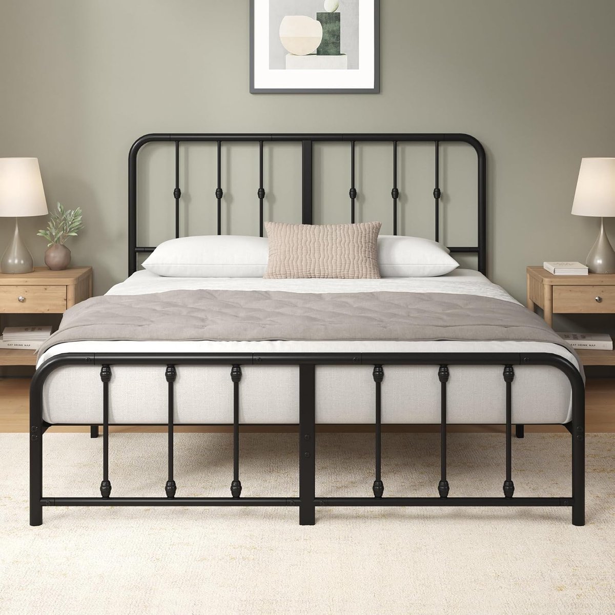 Vintage Metalen Bedframe met Hoofdbord 140 x 200 cm – Stevig Stalen Lattenbodem Bed met 35 cm Opbergruimte Onder het Bed, Squeak Resistant, Inclusief Montagekit
