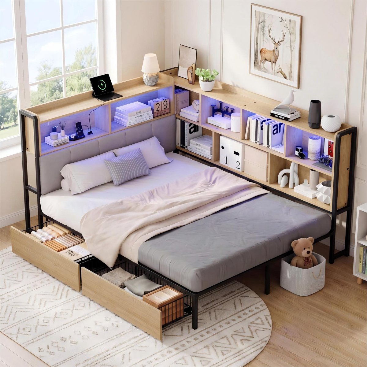Lemonbest Daybed 140x200 cm - slaapbank met 2 opberglades - LED verlichting - USB en USB C - hoofdbord met opbergruimte - metalen lattenbodem - naturel
