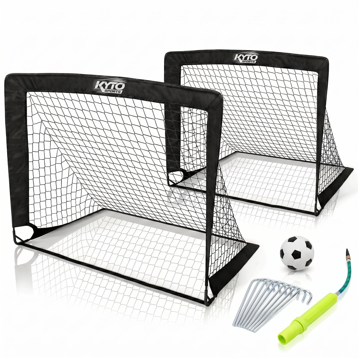 KYTO Sports 2x Voetbaldoel Set voor Kinderen incl. Mini Bal (12 cm) & Pomp – doeltjes met net en ankers voor tuin & park