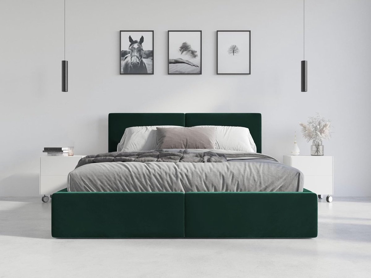 Interbeds Hilton Luxe Gestoffeerd Opbergbed 140x200 cm – Modern Tweepersoonsbed met Hydraulisch Liftmechanisme, Metalen Lattenbodem, Comfortabel Gewatteerd Hoofdbord en Opbergruimte – Donkergroen