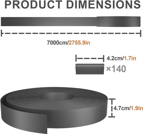 Rol donkergrijze PVC-stroken, 7000 cm x 4.2 cm x 140, met afmetingen in cm en inches. Dikte 4,7 cm.