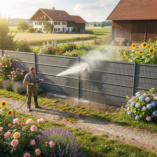 Man reinigt grijze privacyhek met hogedrukreiniger in een tuin met bloemen.
