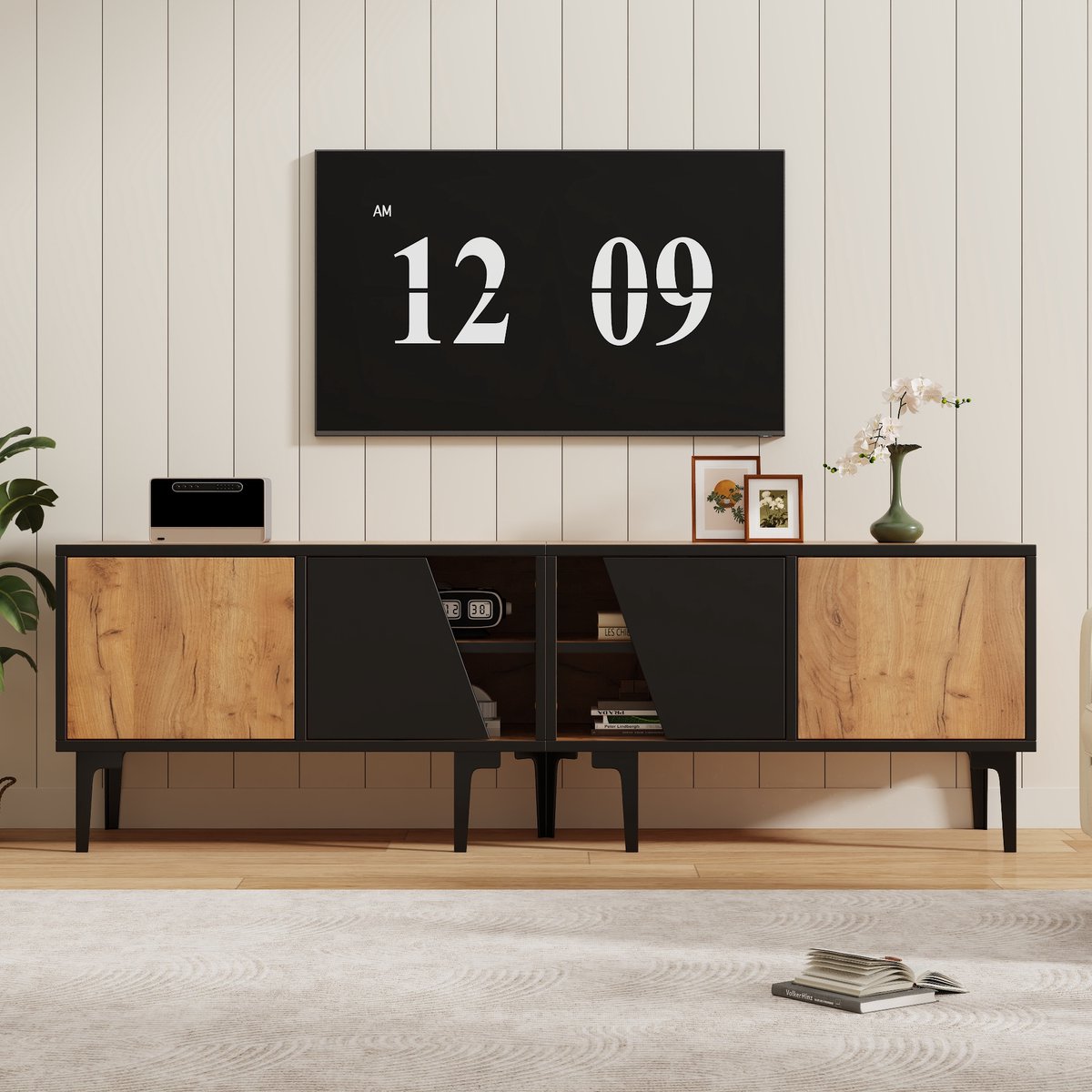 TV meubel 160 cm - lowboard voor 65 inch - 4 opbergvakken - extra stabiel met 7 steunpoten - houtlook naturel zwart