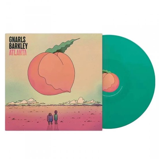 Groene vinylplaat naast de hoes van Gnarls Barkley Atlanta met een perzik en twee figuren.
