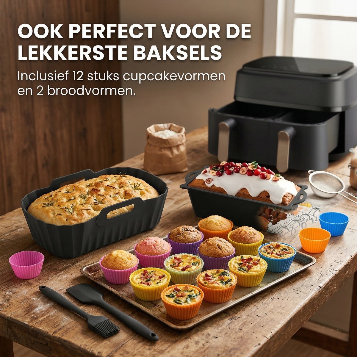 Somstyle Accessoires Set Geschikt voor Philips Dual Basket 3000 & 5000 Dubbele Airfryer - 23-Delig - Cup Cake Bakvorm - Heteluchtfriteuse Mandje - Zwart — afbeelding 4