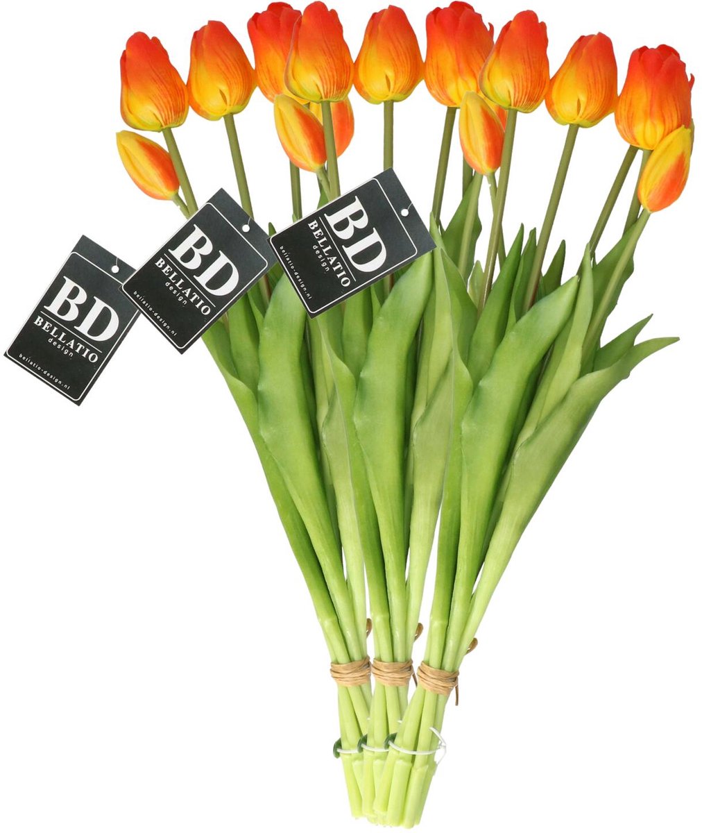 Bellatio Design Kunst tulpen boeket Sally - 21x stuks - oranje - real touch - 47 cm Licht oranje