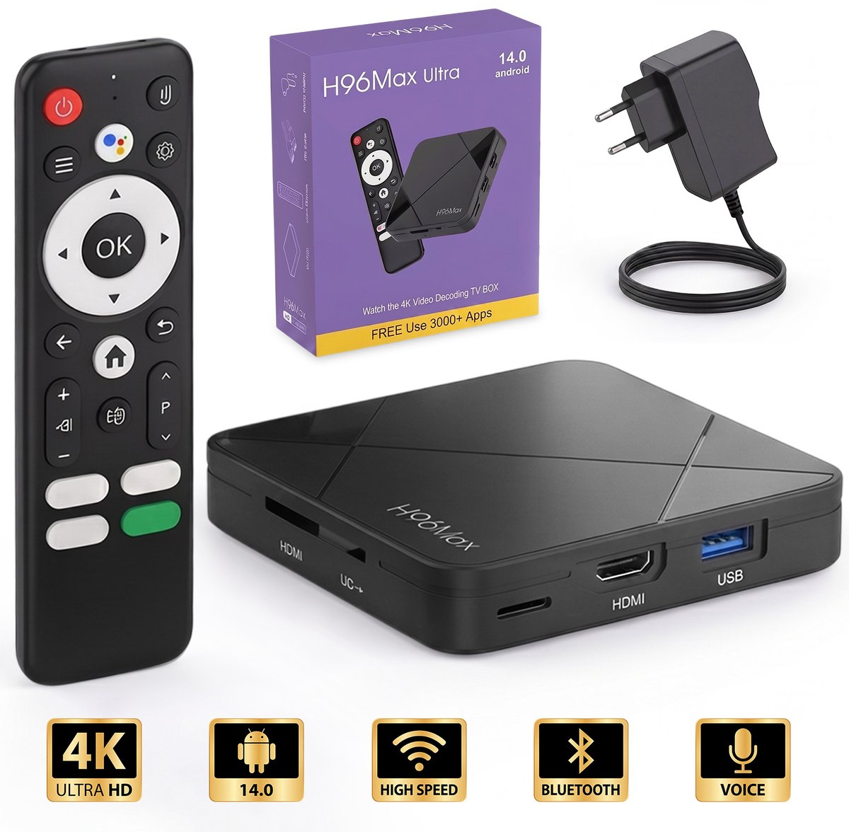 Fokelyi - Android TV Box - 4K UHD - WiFi 6 & Bluetooth 5.4 - Chromecast Built-in - 2GB RAM / 16GB ROM - Geschikt voor alle soorten streaming apps - Zwart