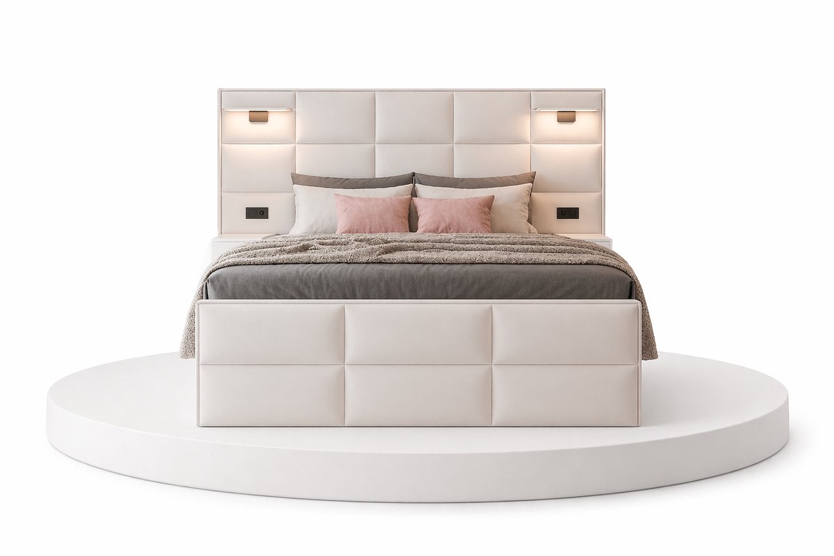 Boxspring Veloura - 160x200 Compleet - Met nachtkastjes - Beige - Ledjes & Stopcontacten - BalBedden thumbnail 2
