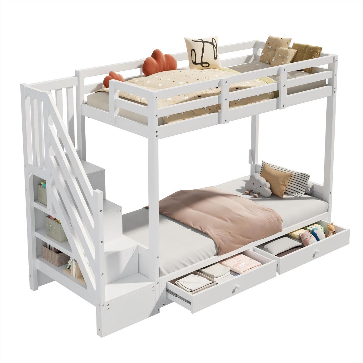 Lemonbest Kinder stapelbed 90x200 cm - multifunctioneel bed met slaapbank - trapkast en 2 lades - inclusief kussens - wit