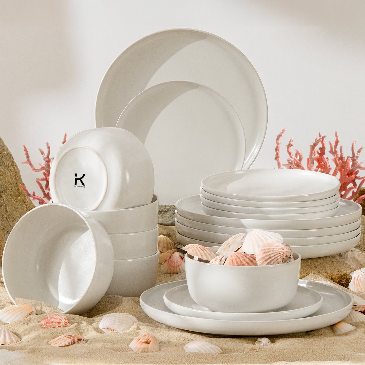 KONSIMO® VICTO - 18 delig - 6 persoons - Keramiek - Dessertbord, Kom, Dinerbord - Wit