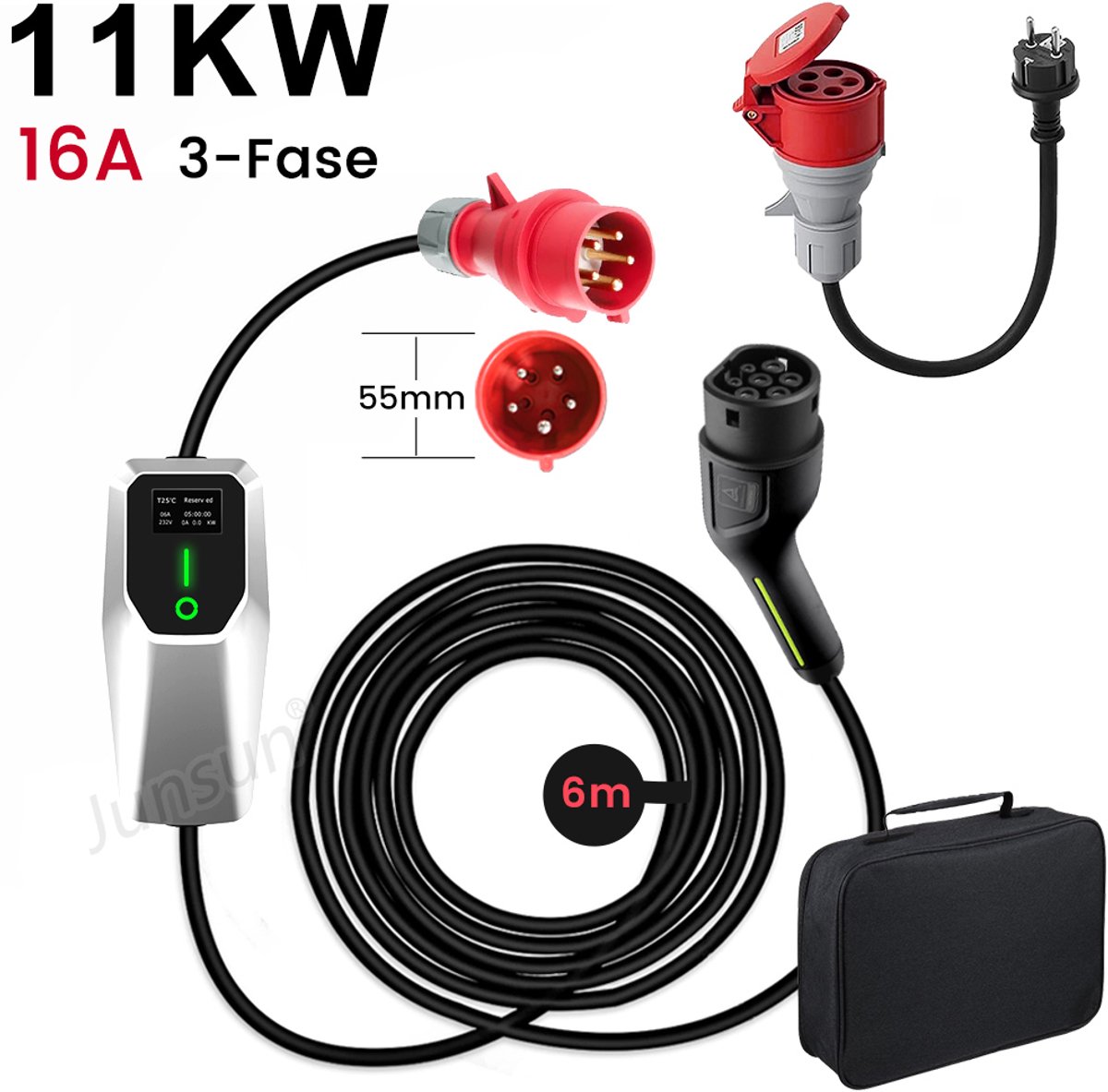 JUNSUN Draagbare 3.68/11kW 16A 1/3-Fase EV Laadkabel Geschikt voor alle elektrische auto's - Type 2 Laadpaal , 6M Kabel + LCD Scherm & Opbergtas - 6A/8A/10A/13A/16A Schakelbaar - IEC62196-2 & IP67 - 3 jaar garantie