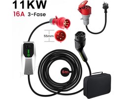 JUNSUN Draagbare 3.68/11kW 16A 1/3-Fase EV Laadkabel Geschikt voor alle elektrische auto's - Type 2 Laadpaal , 6M Kabel + LCD Scherm & Opbergtas - 6A/8A/10A/13A/16A Schakelbaar - IEC62196-2 & IP67 - 3 jaar garantie