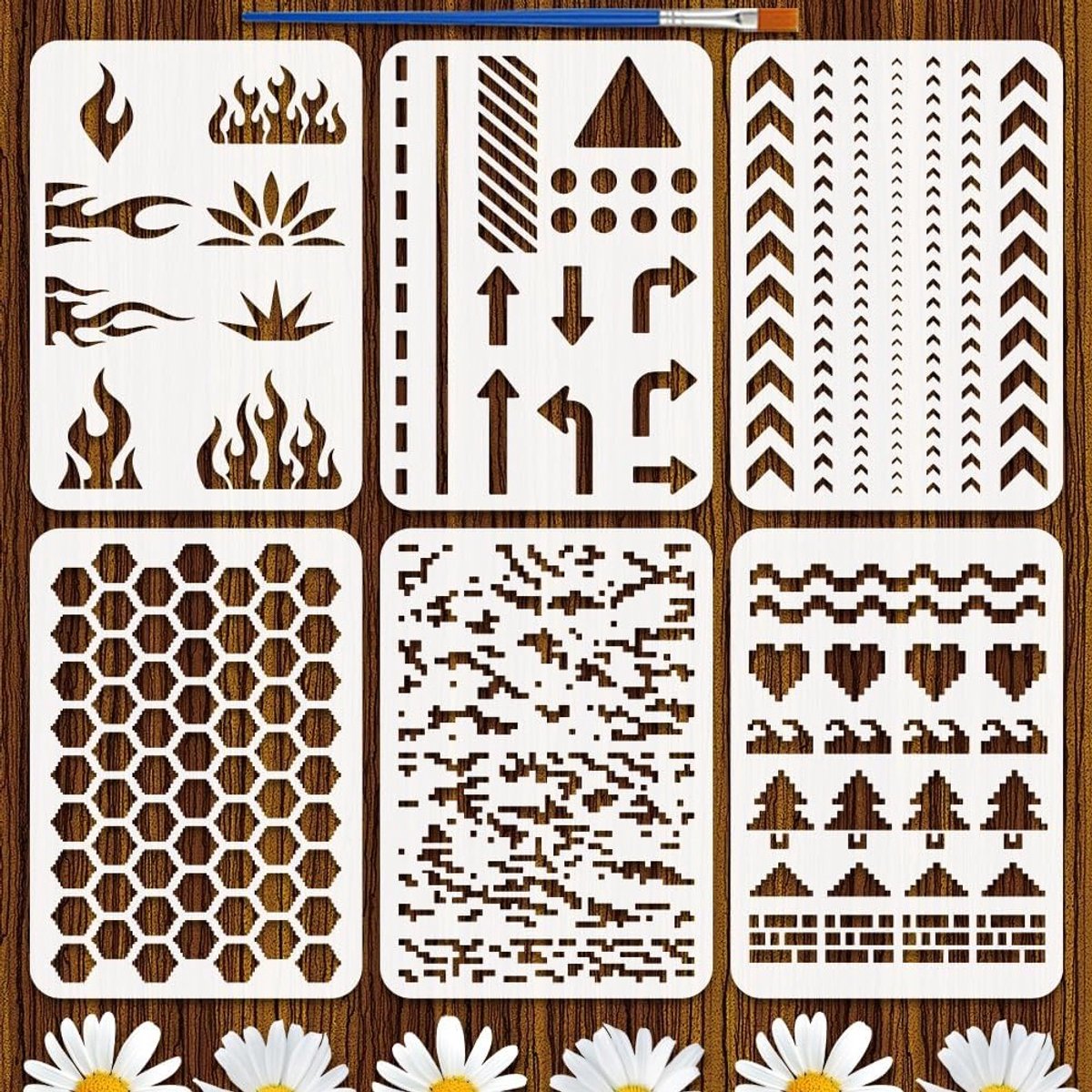 Set van 6 Herbruikbare Pixel Art Sjablonen voor Schilderen, 21 x 29,7 cm, Vlammen, Bomen, Pijlen en Patronen