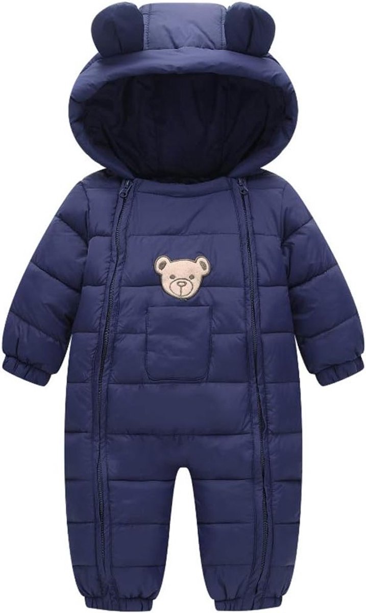 Baby Dons Overall met Kap voor Winter, Schattige Cartoon Beer Jumpsuit voor 3-18 Maanden, Navy Blauw, Warm en Comfortabel