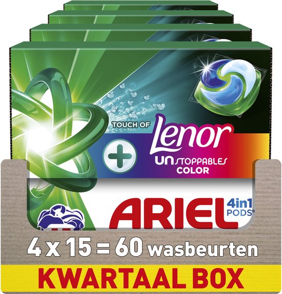 Pods de Lessive Ariel 4in1 +Touch Van Lenor Unstoppables Couleur - 4 x 15 Lavages